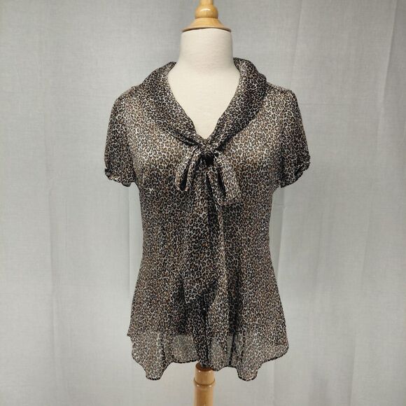 White House Black Market Tops - White House Black Market Shear SS V-Neck Blouse Leopard Tie-Front Sz M